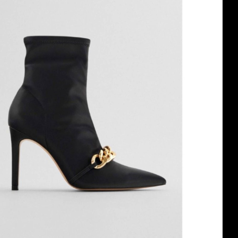 Zara Black Gold Chain Heel Ankle Boots SZ 42 /US 11 - Picture 2 of 6